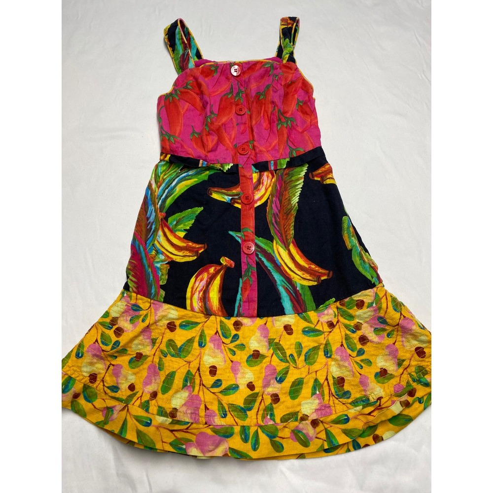 Farm Rio Mixed Fruit Print Linen Blend Tiered Midi Dress XS Multi Color